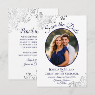 Save The Date Boucles Argent Élégantes Photo Bleu Marine Mariage