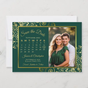 Save The Date Boucles dorées élégantes Calendrier émeraude Photo