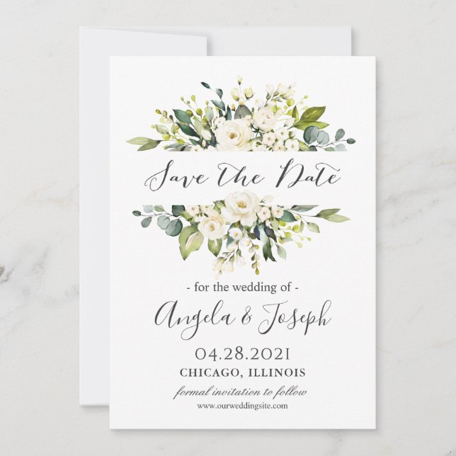 Save The Date Bouquet de Roses blanches Verdure Mariage floral (Devant)