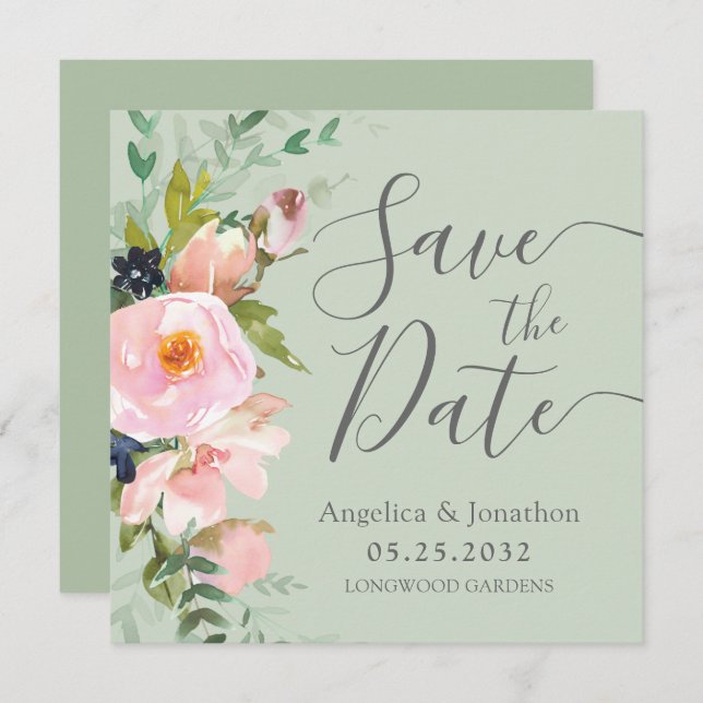 Save The Date Bouquet floral rose vif Sage vert Enregistrer la d (Devant / Derrière)