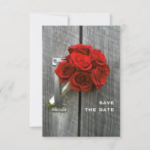 Save The Date Bouquet Rose Rouge & Mariage En Bois D'Écorce Enre