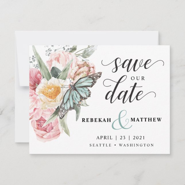 Save The Date Bouquet Spring | Tulipe et papillon aquarelle (Devant)