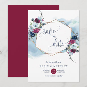 Save The Date Bourgogne, Berry et Blue Floral Mariage