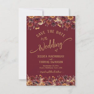 Save The Date Bourgogne Bohème Chic Fleurs Sauvages Calligraphie