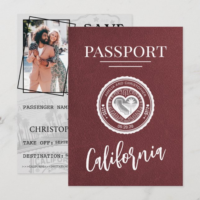 Save The Date Bourgogne Californie Passeport Enregistrer La Date (Devant / Derrière)