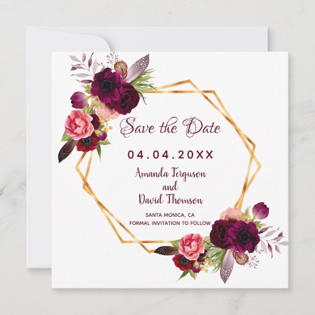 Save The Date Bourgogne Enregistrer la date mariage florales géo (Devant)