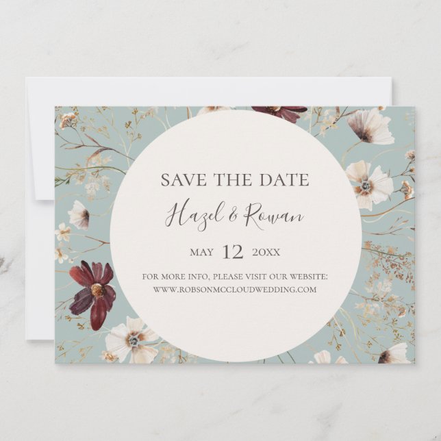 Save The Date Bourgogne Fleur sauvage Turquoise Horizontal Enreg (Devant)
