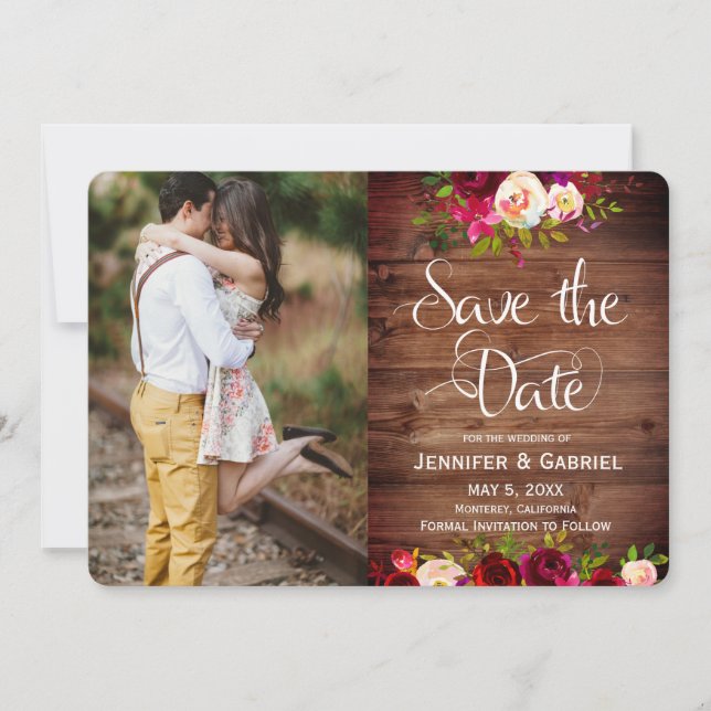 Save The Date Bourgogne Floral Bois de Grange Sauvegarder la Dat (Devant)