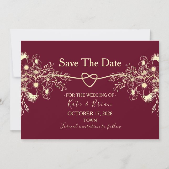 Save The Date Bourgogne Floral Or Mariage Enregistrer La Date (Devant)