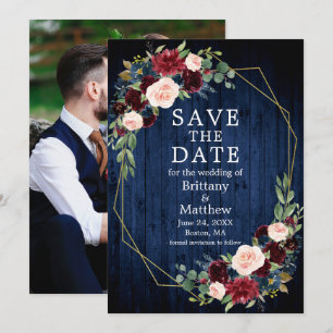 Save The Date Bourgogne Floral Photo Geo Frame Blue Wood