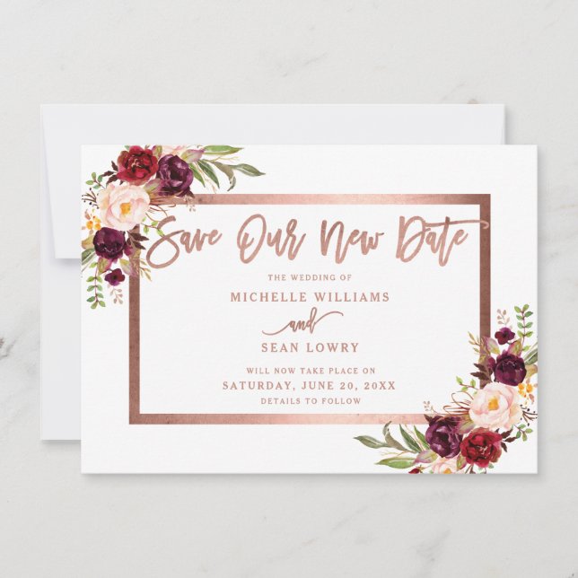 Save The Date Bourgogne Floral Rose Gold Enregistrer Notre Nouve (Devant)