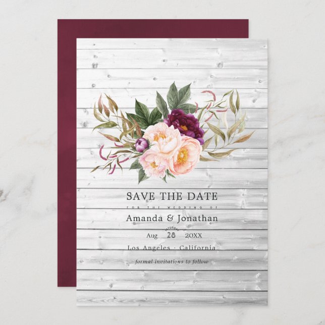 Save The Date Bourgogne - Mariage Floral Rustique au Marsala et  (Devant / Derrière)