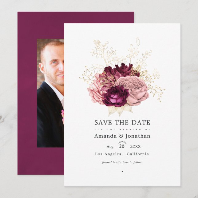 Save The Date Bourgogne - Mariage Rose et Or Marsala Blush (Devant / Derrière)