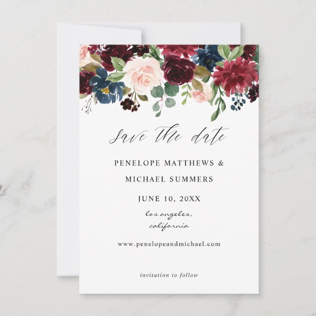 Save The Date Bourgogne, marine et floral rose (Devant)