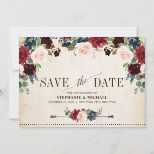 Save The Date Bourgogne Marine Floral Rustique Bohème Mariage Ch