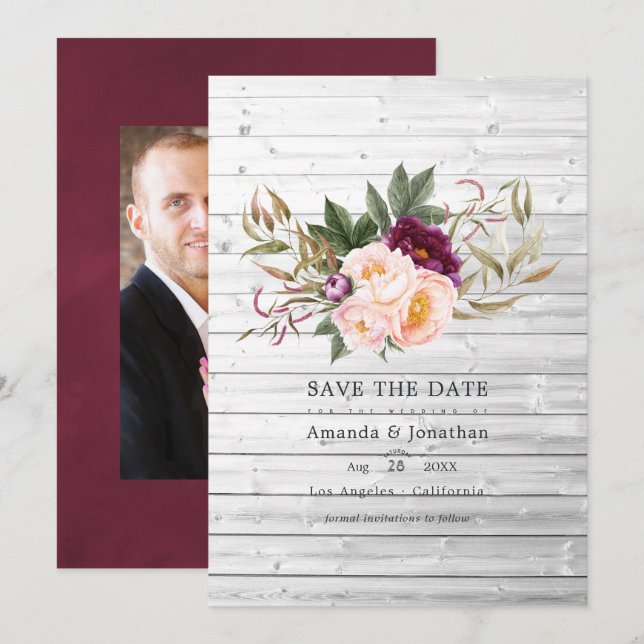 Save The Date Bourgogne - Marsala et Peach Rustic Floral Mariage (Devant / Derrière)