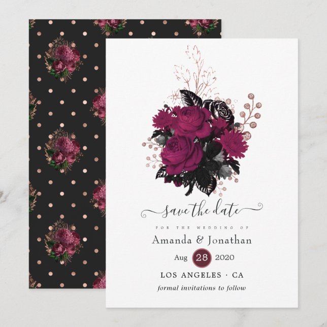 Save The Date Bourgogne - Marsala et Rose Gold Floral Mariage (Devant / Derrière)