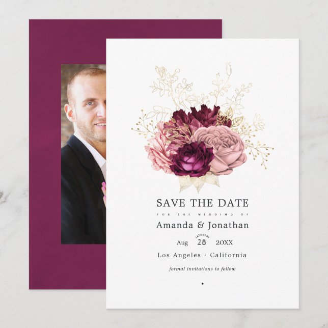 Save The Date Bourgogne - Marsala Mariage Rose et Or (Devant / Derrière)