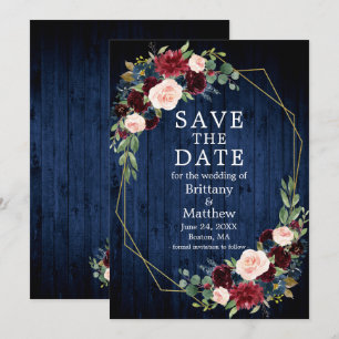 Save The Date Bourgogne Mixte Floral Blue Wood Geo Frame