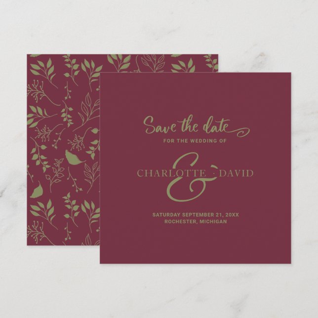 Save The Date Bourgogne moderne et mariage vert Enregistrer la d (Devant / Derrière)