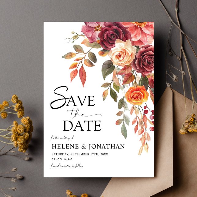 Save The Date Bourgogne Orange rouille Floral Élégant Mariage de (Burgundy Orange Rust Floral Elegant Fall Wedding Save The Date)
