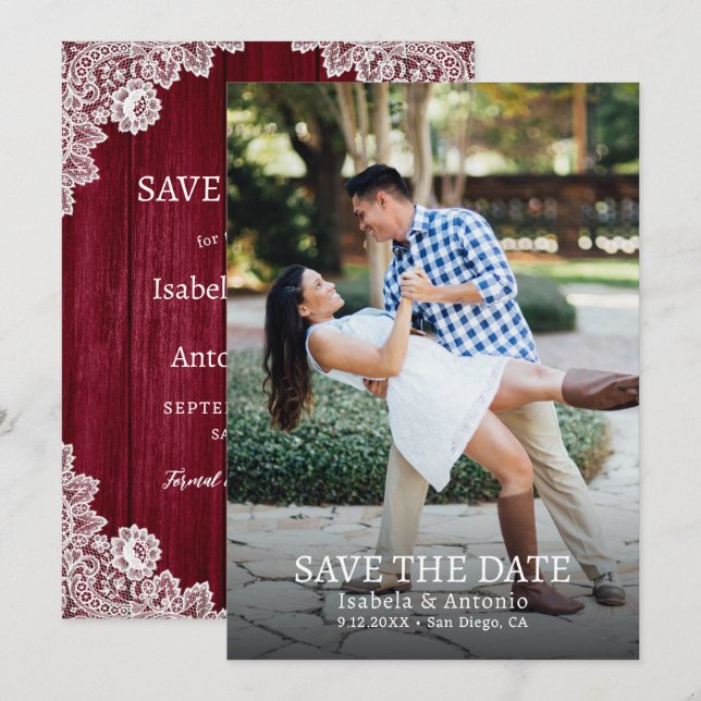 Save The Date Bourgogne Rustique Pays Dentelle en bois Mariage P (Devant / Derrière)