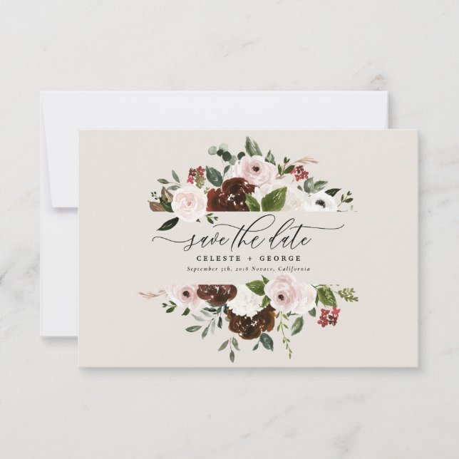 Save The Date Bourgogne rustique, rose, mariage floral vert (Devant)