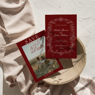 Save The Date Bourgogne Vintage Photo Rouge Foncé Ancien Mariage
