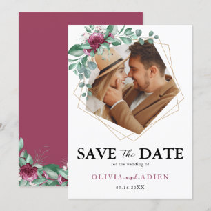 Save The Date Bourgogne violet ivoire Floral Photo géométrique