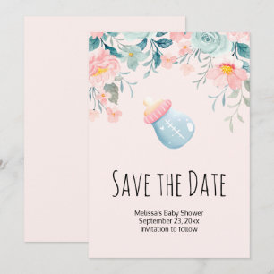 Save The Date Bouteille Bébé Bleu & Rose avec bordure Fleur