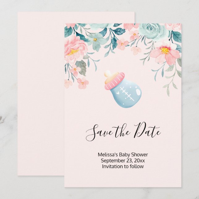 Save The Date Bouteille Bébé Bleu & Rose avec bordure Fleur (Devant / Derrière)