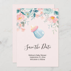 Save The Date Bouteille Bébé Bleu & Rose avec bordure Fleur