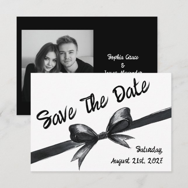 Save The Date Bow noir et blanc | Mariage élégant | Monochrome (Devant / Derrière)