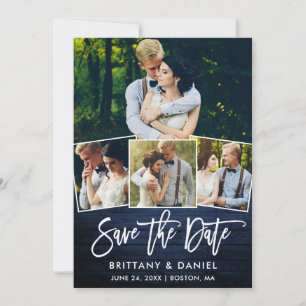Save The Date Bracelet moderne Script Bois bleu 4 Photo Couple