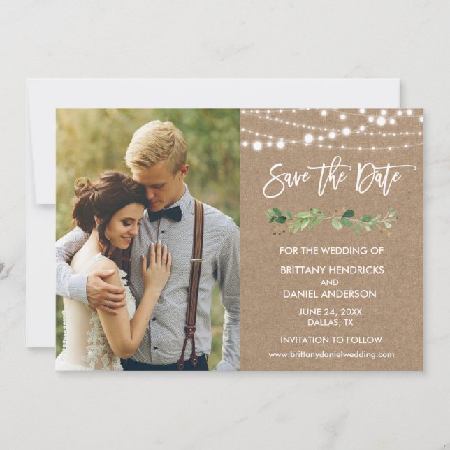 Save The Date Bracelet Script Eucalyptus Lights Kraft Photo (Devant)