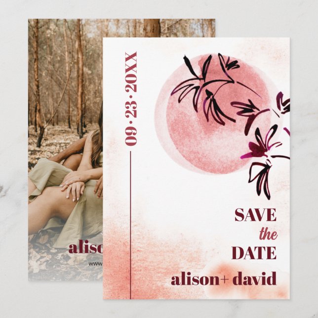 Save The Date Branche aquarelle et lune photo japonaise (Devant / Derrière)