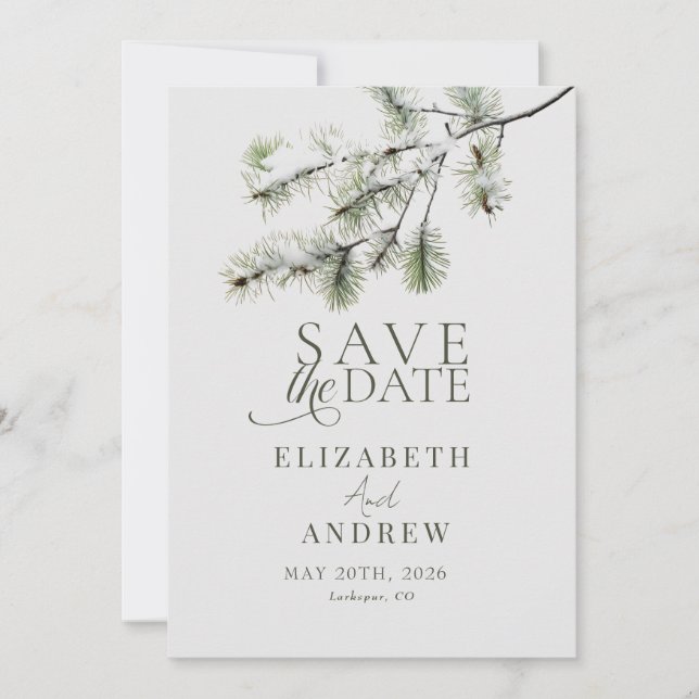 Save The Date Branche de pin | Mariage en forêt hivernale (Devant)
