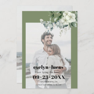 Save The Date Branche Eucalyptus et fleurs blanches photo mariag