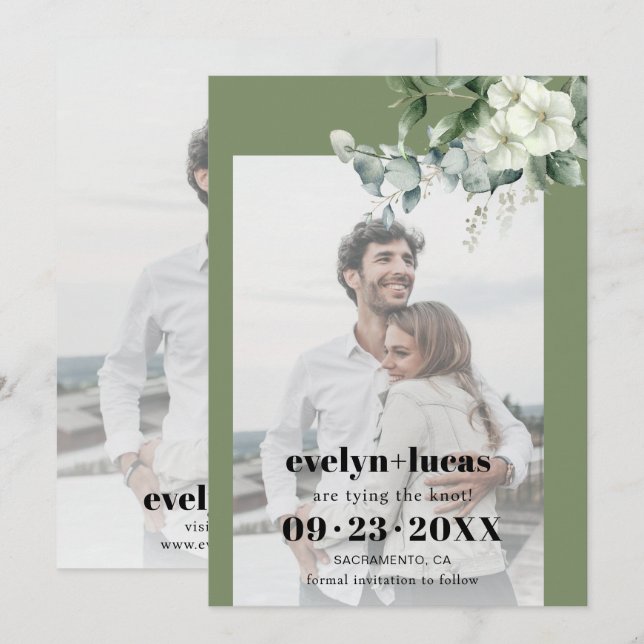 Save The Date Branche Eucalyptus et fleurs blanches photo mariag (Devant / Derrière)