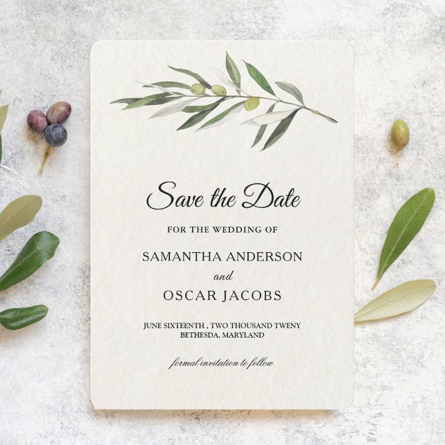Save The Date Branche simple à l'aquarelle vert olive (Créateur téléchargé)