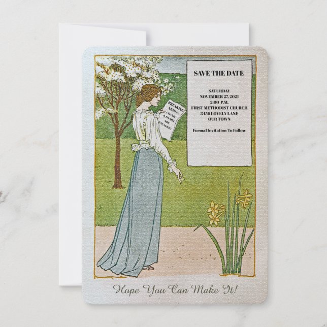 SAVE THE DATE/BREAKING NEWS/WOMAN READING HEADLINE SAVE THE DATE (Front)