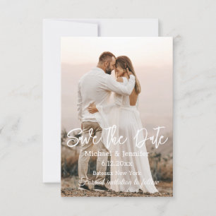 save the date,bride and groom hug and smile,custom invitation