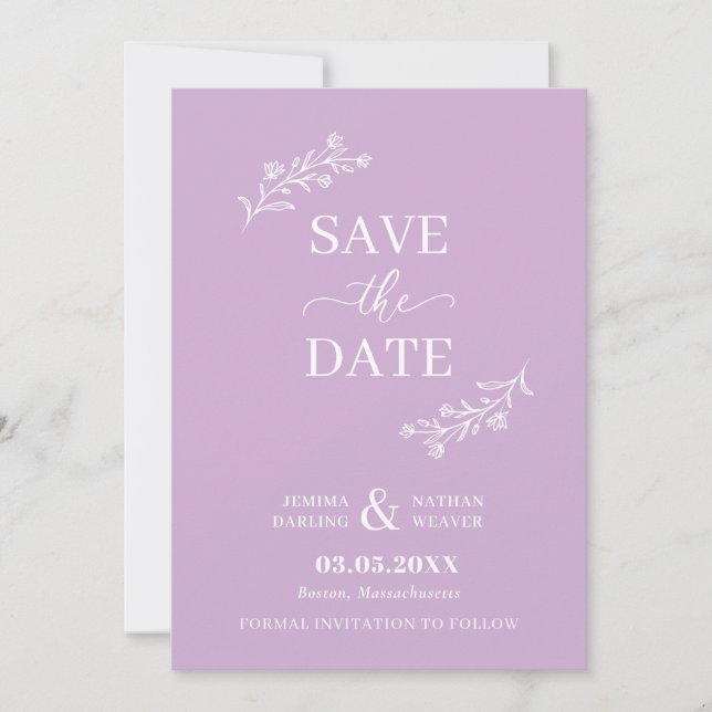 Save The Date Brindilles florales violettes blanches à main (Devant)