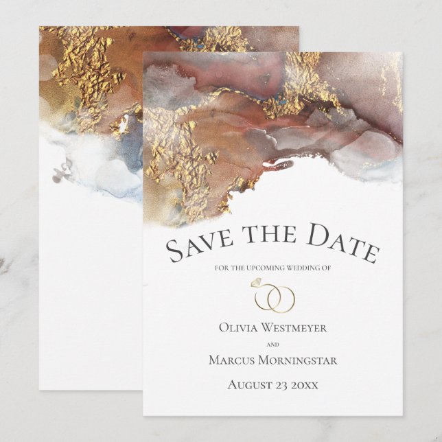 Save the Date Bronze Copper and Gold Ink Marble Invitation (Front/Back)