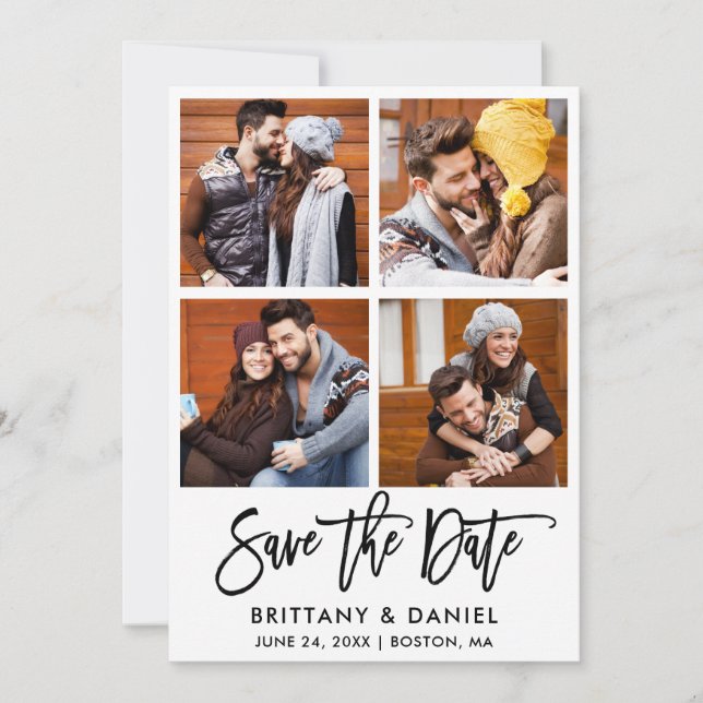 Save The Date Brosse moderne Script 4 Photo Couple (Devant)