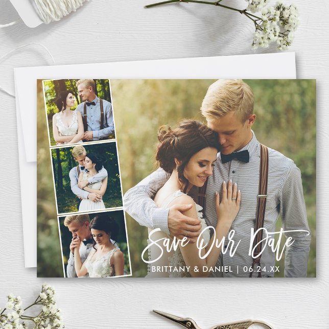 Save The Date Brosse moderne Script 4 Photo Enregistrer notre ca (Customize to change your personalized text size, style or to add more text & photos to back of card.)