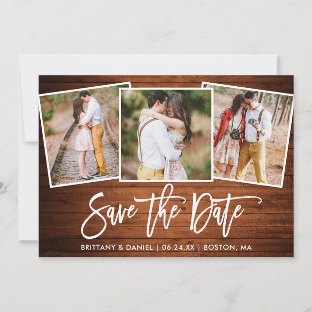 Save The Date Brosse moderne Script Bois rustique 3 Photo Collag (Devant)