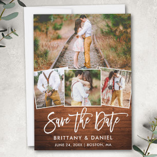 Save The Date Brosse moderne Script Bois rustique 4 Photo Couple