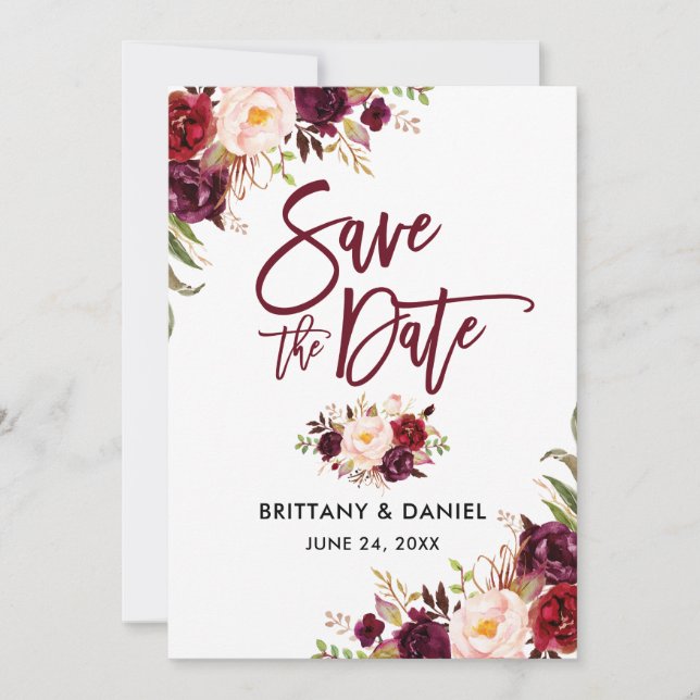 Save The Date Brosse moderne Script Floral Bourgogne (Devant)