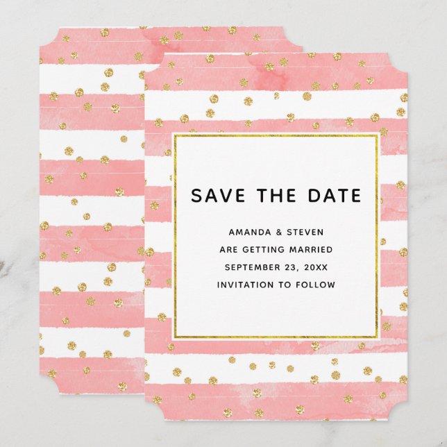 Save The Date Brousse rose avec Mariage Confetti Or (Devant / Derrière)